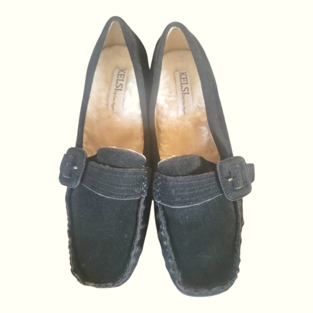 Kelsi by Kelsi Dagger Brooklyn Furry Suede Black Faux Fur Moccasin Loafers 10M
